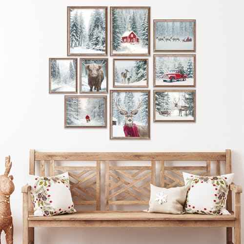Whaline 10 Pcs Christmas Wall Art Wall Decor Prints Retro Winter Snowy Forest Scene Unframed Pictures Decorations for Xmas Holiday Home Living Room Bedroom Decor Gifts