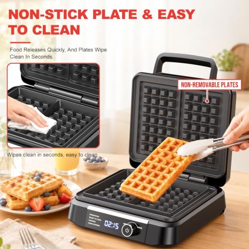 Silver Waffle Maker with 8 Browning Levels & Digital Timer - Smart LED Display