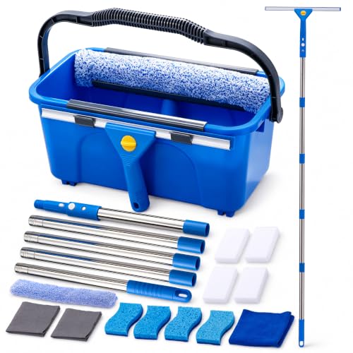 Professional Window Cleaning Kit with 76-Inch Extension Pole, Squeegee & Buckets