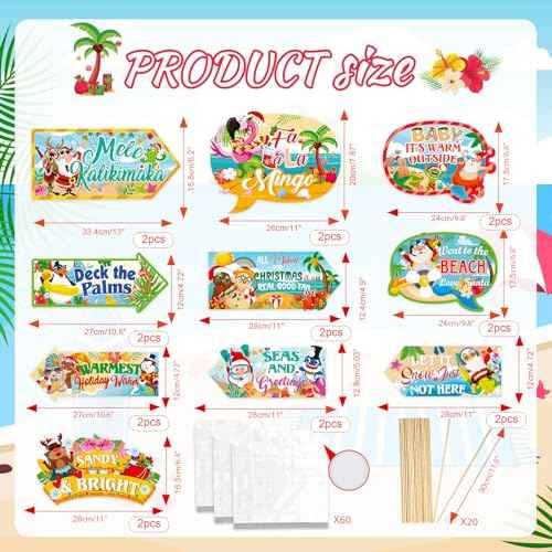 HOWAF 20pcs Funny Tropical Christmas Party Sign, Hawaii Christmas Decoration Directional Sign, Beach Santa Holiday Party Photo Booth Props Kit, Beach Santa Holiday Party Sign with Wood Sticks