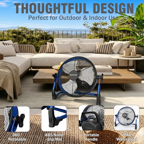 Blue 14-Inch Solar Powered Fan with Metal Blades & Quiet Brushless Motor - Rechargeable Battery, Portable for Home, RV, Camping, Greenhouse