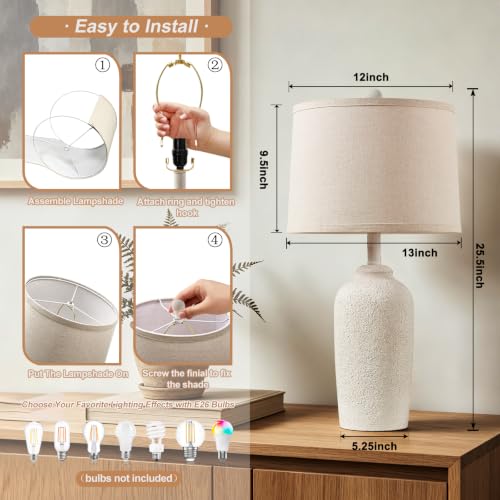 Farmhouse Table Lamp for Living Room & Bedroom - Antique White Stone-Like Bedside Lamp