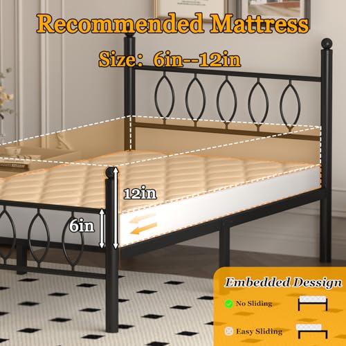 Twin Metal Platform Bed Frame with Headboard - 14 Inch Under Bed Storage - Easy Assembly, No Box Spring Needed - Black - Variation: Twin