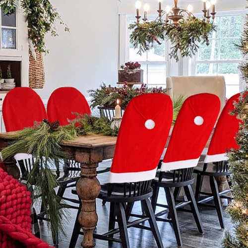 4pcs Christmas Chair Covers Set Red and White Santa Hat Chair Covers Set Christmas Dining Chair Back Covers for Xmas Holiday Party New Year Dinning Room Decoration