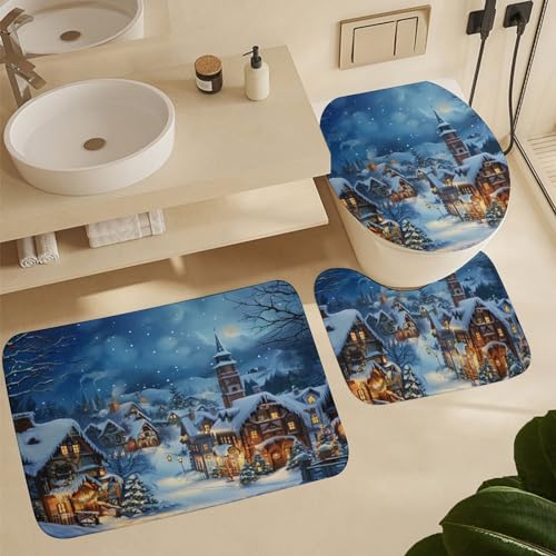 Christmas Tree Town Cabin Shower Curtain Set with Toilet Lid Cover & Rugs - Winter Holiday Bathroom Decor, 72x72 Inches