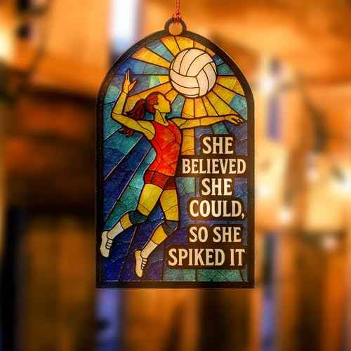 Volleyball Ornament ? Volleyball Gifts | Volleyball Gifts for Teen Girl + Volleyballs Gift for Team ? Suncatcher Effect Stained Glass Window Hanging ? Car Hanging Decoration