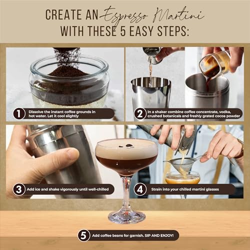 Espresso Martini Cocktail Kit with Glasses, Coffee Grounds & Mixology Tools