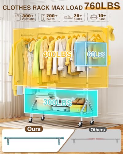 Silver Stainless Steel Clothing Rack - Heavy Duty Extendable Garment Stand with Shelves - Load 760LBS