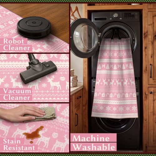Pink 3x5 Christmas Area Rug with Deer & Tree Design - Washable Holiday Decor