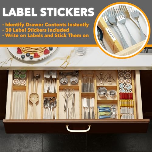 SpaceAid Bamboo Drawer Dividers with Labels, Adjustable Expandable Organizer, 7 Dividers with 15 Inserts, Natural 17-22 inch