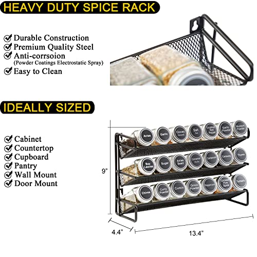 13.4W × 9H Black Spice Rack Organizer with 21 Jars & Labels, Wall Mountable