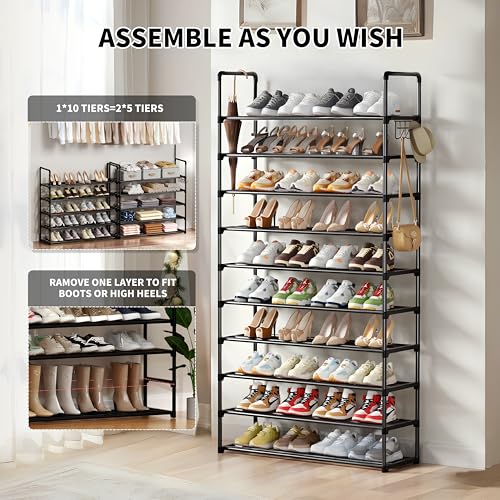 SRRSO Black 10-Tier Metal Shoe Rack Organizer for 40-45 Pairs, Tall Closet & Entryway Storage