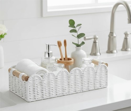 CubesLand Scalloped Edge Toilet Paper Storage Basket - Cozy Home Decor with 2 Wooden Handles | White