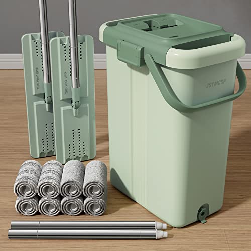 JOYMOOP Green Flat Mop System with 8 Microfiber Pads and Large Bucket Set