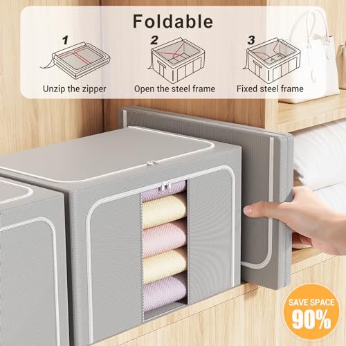 Light Gray Foldable Clothes Storage Bin 100L with Metal Frame - Pack of 3