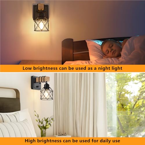 Dimmable Wall Sconces Set of Two with Rotary Switch, Black Farmhouse Bathroom & Bedroom Light Fixtures