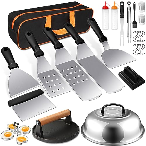Outdoor Flat Top Grill Accessories Kit with Round Burger Press - 29 PCS for Blackstone Camp Chef
