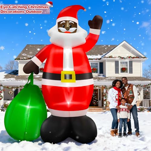TURNMEON 14 Ft Black Santa Inflatable with Gift Bag, Built-in LEDs - African American Xmas Yard Decoration