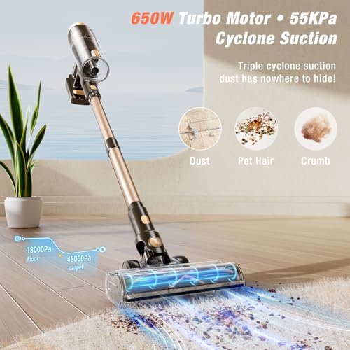 Cordless Vacuum Cleaner 650W 55KPa Stick Vacuum for Pet Hair Carpet Hardwood