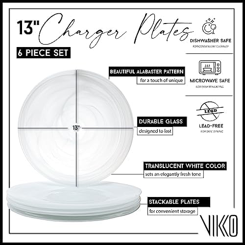 Vikko Charger Plates - Set of 6 Elegant White Alabaster Dinner Plates | 13" Marbled Swirl Design, Dishwasher Safe