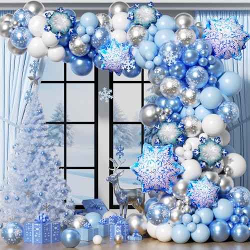Snowflake Balloon Arch Garland Kit 182pcs, Snowflake Balloon Arch Kit Silver Blue White Wonderland Balloons for Winter Wonderland Christmas Baby Shower Snow Princess Birthday Party Decorations