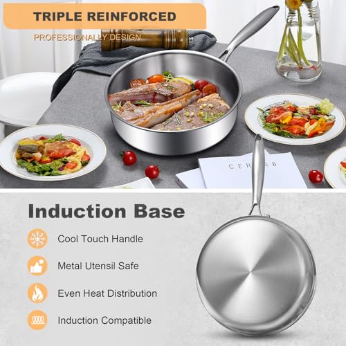 EWFEN Tri-Ply Stainless Steel Frying Pans Set, 8”/10”/12” Cooking pans, PFOA&PTFE Free Skillet, Induction Cooking Pan, Dishwasher and Oven Safe, Fast & Even Heat, Heavy Duty and Detachable Handle