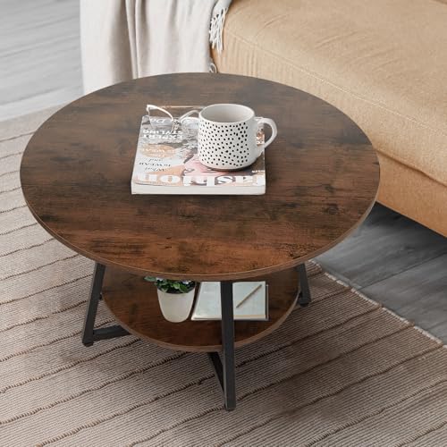 Rustic Brown 2-Tier Round Coffee Table with Storage - Modern Wooden Center Table for Living Room & Small Spaces