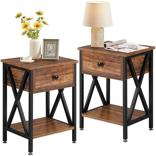 VECELO Vintage Brown Set of 2 Nightstands with Drawer & Storage Shelf - Industrial Bedside End Tables for Bedroom & Living Room