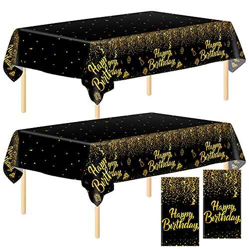 Aneco 2 Pack Black Gold Happy Birthday Tablecloths Party Table Cloth Covers Table Covers for Party Decorations Wedding Supplies, 108 x 54 Inches