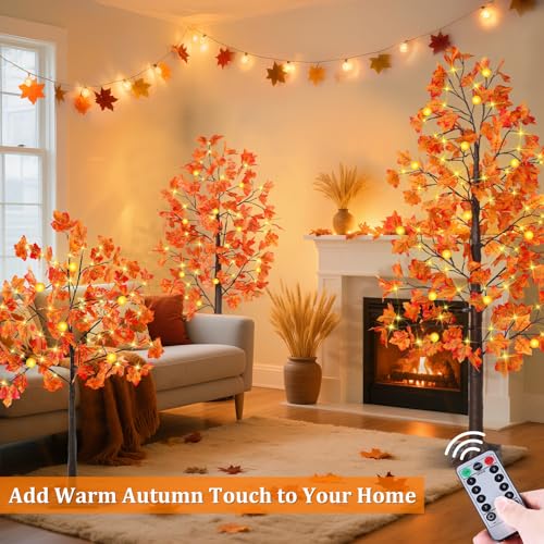 Lighted Fall Tree Set with Remote Control - 3 Pack 4ft, 5ft, 6ft LED Autumn Trees