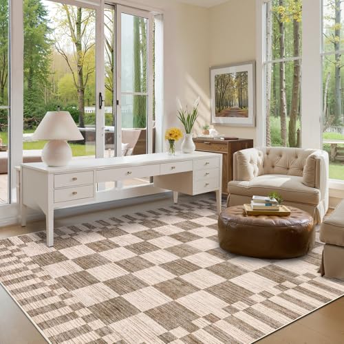 GarveeHome Brown Checkered 5x7 Area Rug - Machine Washable Non-Slip Living Room Carpet