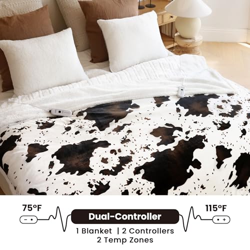 Electric Heated Blanket Queen with 10 Heat Settings & Cow Print, Fast Warm Throw - Black Ombre White, 84" x 90"
