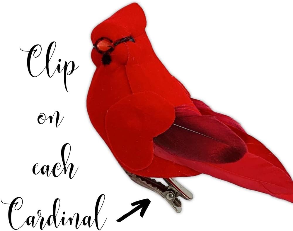 Red Cardinal Clip-On Christmas Tree Ornaments - Set of 12, 5" Long with Flocked Body & Feathered Wings
