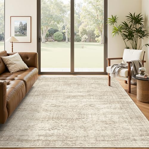 Beige 5x7 Area Rug - Washable Low-Pile Geometric Faded Style Non-Slip Home Decor