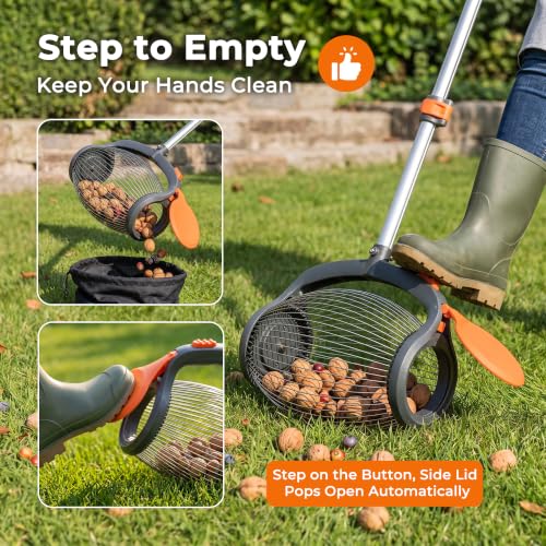 Nut Picker Upper Tool with Foot Release - Adjustable Handle for 3/4-1.5 inch Nuts & Acorns