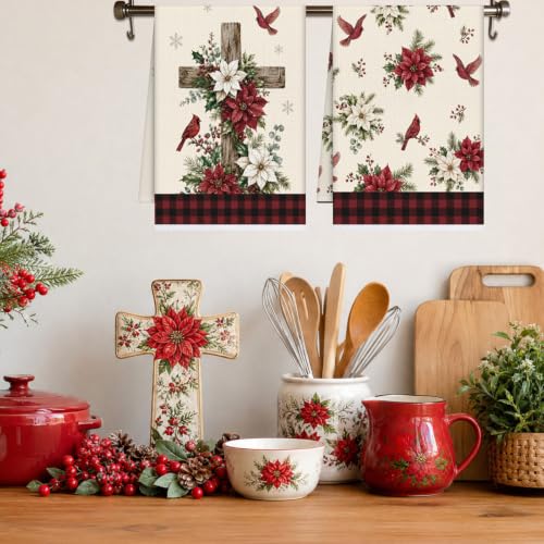 VISSTREE Multi-Poinsettia Cross Christmas Kitchen Towels Set, 2 Pcs Faith Holiday Decor