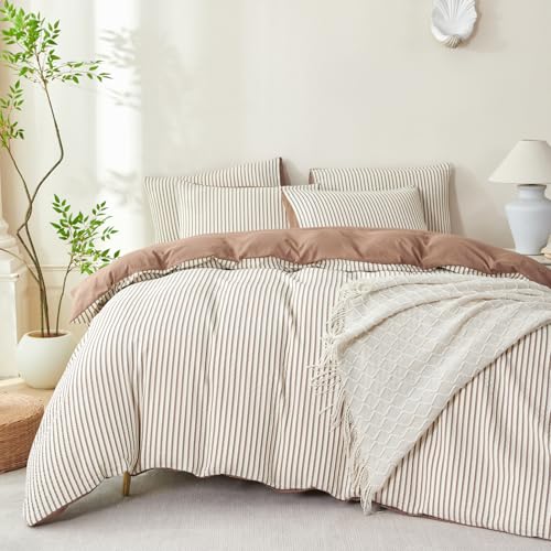 Dark Brown Striped Queen Comforter Set 3 Pieces Microfiber Bedding