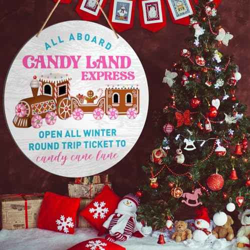 Muktoujaumai Christmas Sign Decor, Christmas Bakery Round Hanging Sign Decor Gingerbread Xmas Holiday Wall Decorations Winter Wood Sign for Kitchen, Door, Home, Candy Land Express