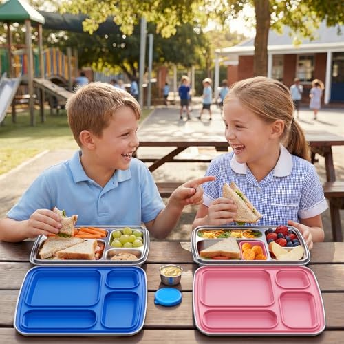 Eoika Pink Stainless Steel Kids Bento Box 4-Compartment Lunch Container with Silicone & Sauce Cup