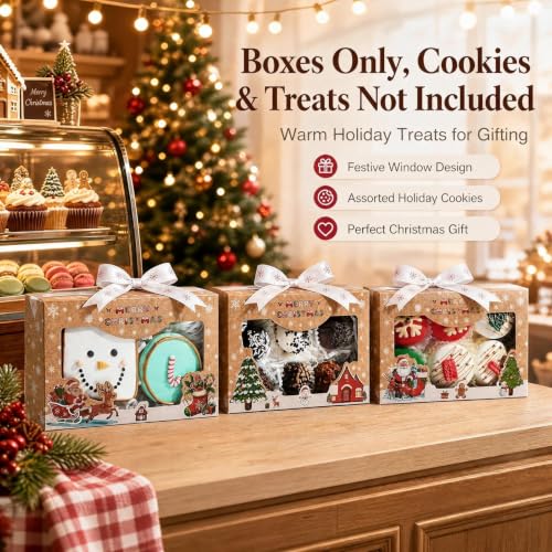 24PCS Vintage Kraft Christmas Cookie Gift Boxes with Window - 7x4.3x1.5 Inches, Brown, Foldable Holiday Packaging