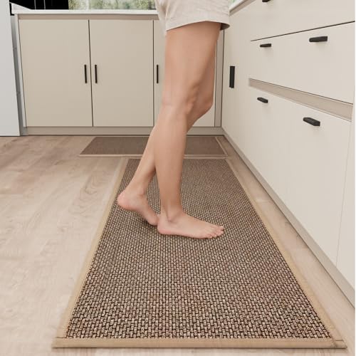 Kitchen Mats Set of 2 - Non-Slip Washable Rug Brown 17.3x47 & 17.3x30 Inches
