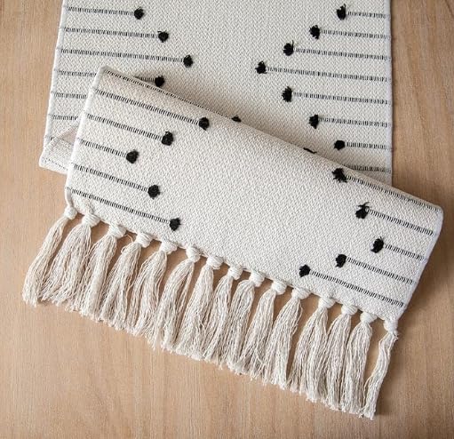 Zkanac Boho Table Runner 72in with Handmade Tassels, 70% Cotton 30% Linen, Beige/Black, 12x72