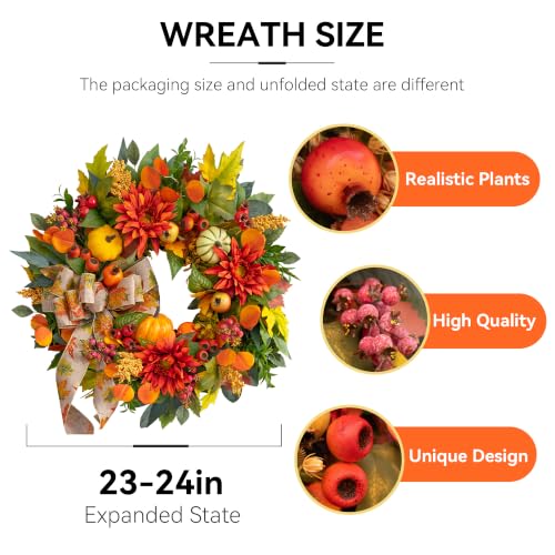 PureCosy Red Fall Wreath for Front Door 24 Inch Autumn Rustic Decor