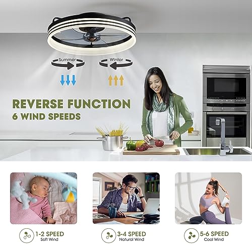 LUDOMIDE 20-inch Black Ceiling Fan with Light, 6-Speed Reversible Low Profile Fan for Bedroom & Living Room - Variation Black-1105