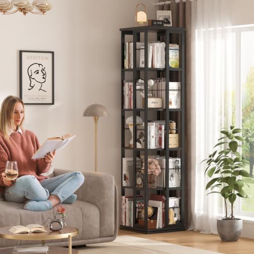 Aheaplus Black 5-Tier Rotating Corner Bookshelf - 360° Spinning Wood Display