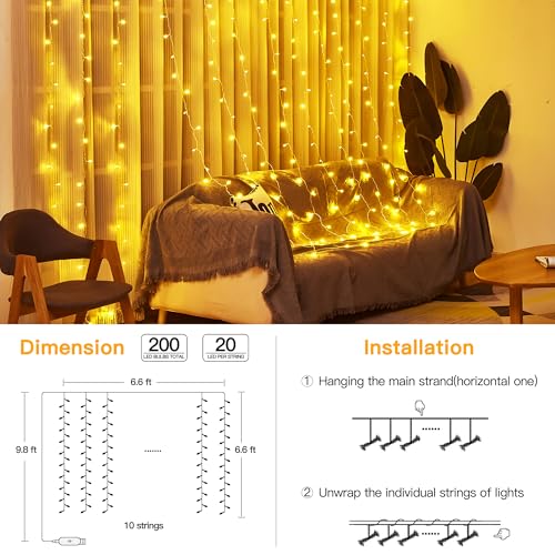 Ollny 6.6ft x 6.6ft Warm White 200 LED Curtain Lights 2-Pack with Remote Control