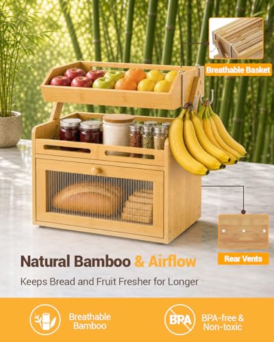 Bamboo Bread Box with Fruit Basket - Kitchen Countertop Organizer