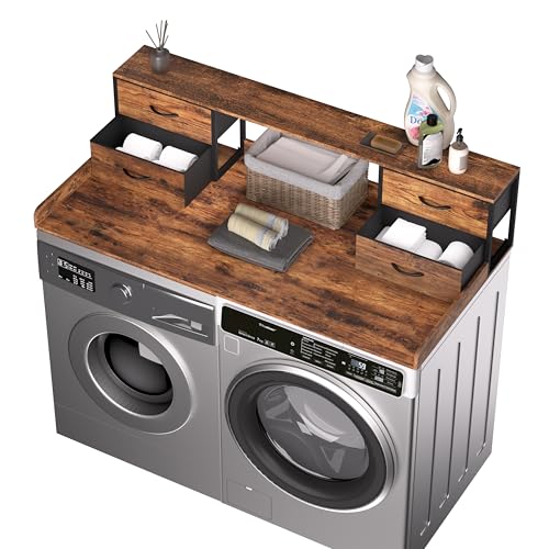 Unionly 2-Tier Washer and Dryer Countertop with Fabric Drawers - Rustic Brown