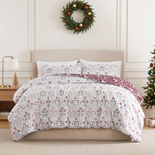 Holiday Harmony 3pc Duvet Cover Set Full/Queen – Reversible Floral Red White