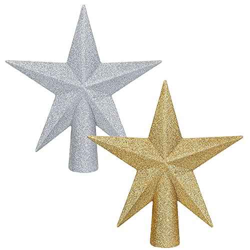 Aneco 2 Pack Glittered Christmas Tree Topper Star Treetop for Small Christmas Tree Decoration or Home Decor, Hard Plastic, 4 inches